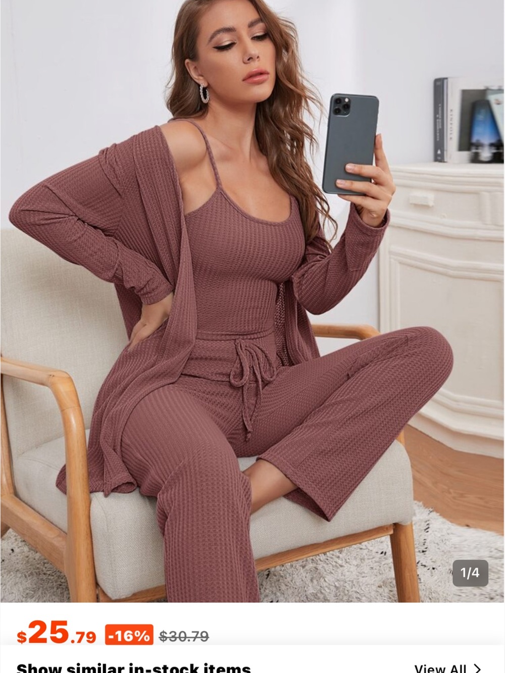 SHEIN Mauve Waffle Knit 3-Piece Loungewear Set